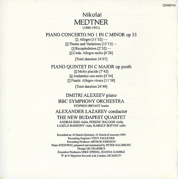 Nikolai Medtner - Dmitri Alexeev, BBC Symphony Orchestra, Alexander Lazarev, New Budapest Quartet : Piano Concerto No 1 In C Minor / Piano Quintet In C Major (CD, Album)