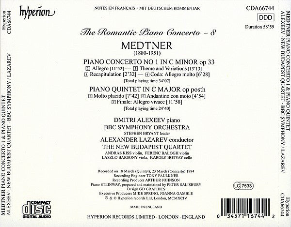 Nikolai Medtner - Dmitri Alexeev, BBC Symphony Orchestra, Alexander Lazarev, New Budapest Quartet : Piano Concerto No 1 In C Minor / Piano Quintet In C Major (CD, Album)