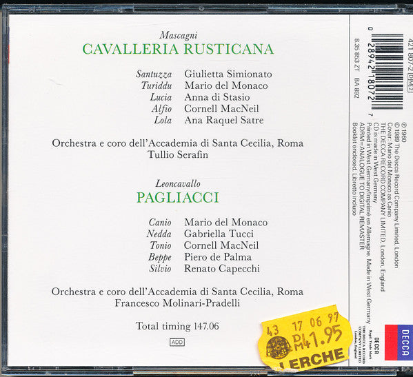 Ruggiero Leoncavallo / Pietro Mascagni – Tullio Serafin, Francesco Molinari-Pradelli, Orchestra Dell'Accademia Nazionale di Santa Cecilia E Coro dell'Accademia Nazionale di Santa Cecilia : Pagliacci / Cavalleria Rusticana (2xCD, RE, RM)