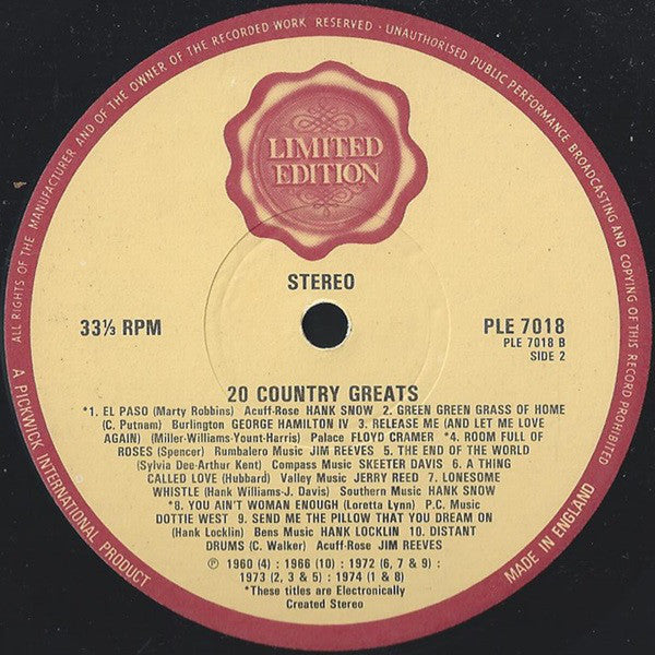 Various : 20 Country Greats (LP, Comp, Ltd)