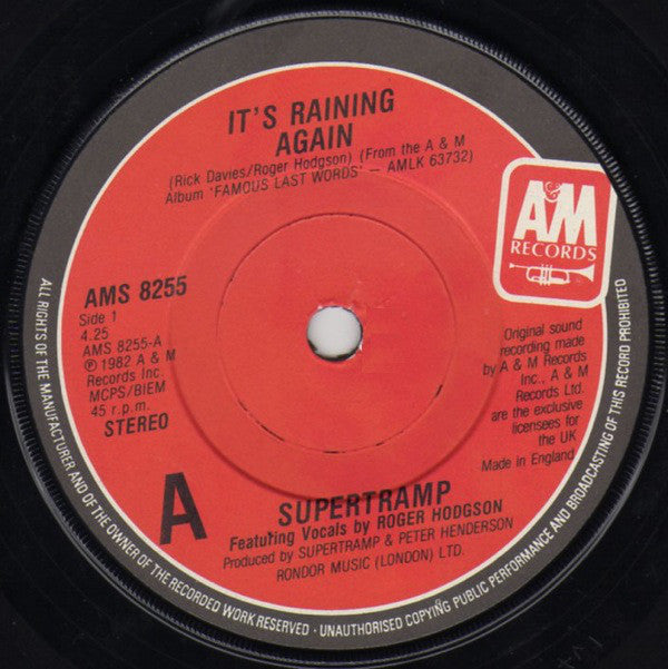 Supertramp : It's Raining Again (7", Single)