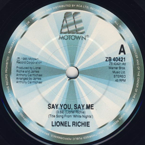 Lionel Richie : Say You, Say Me (7", Single, Sol)