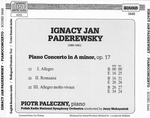 Ignacy Jan Paderewski, Piotr Paleczny, Wielka Orkiestra Symfoniczna Polskiego Radia I Telewizji, Jerzy Maksymiuk : Pianoconcerto (CD, Album)