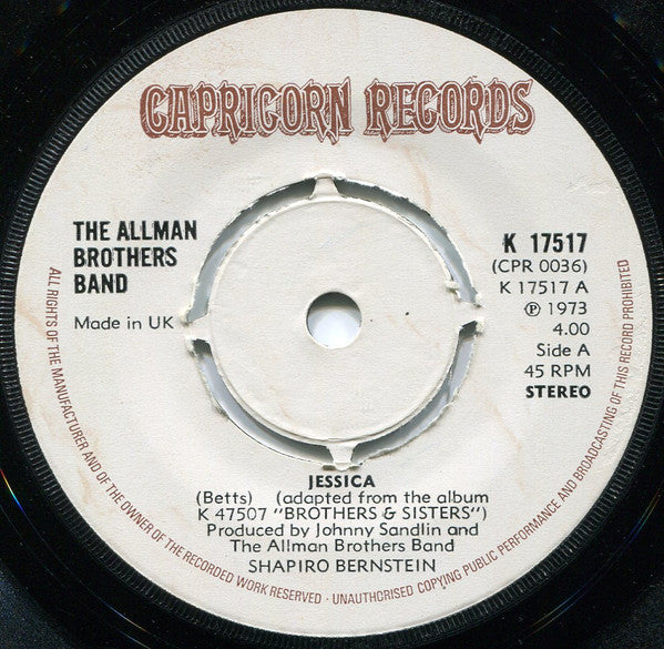 The Allman Brothers Band : Jessica (7", Single, 4-p)