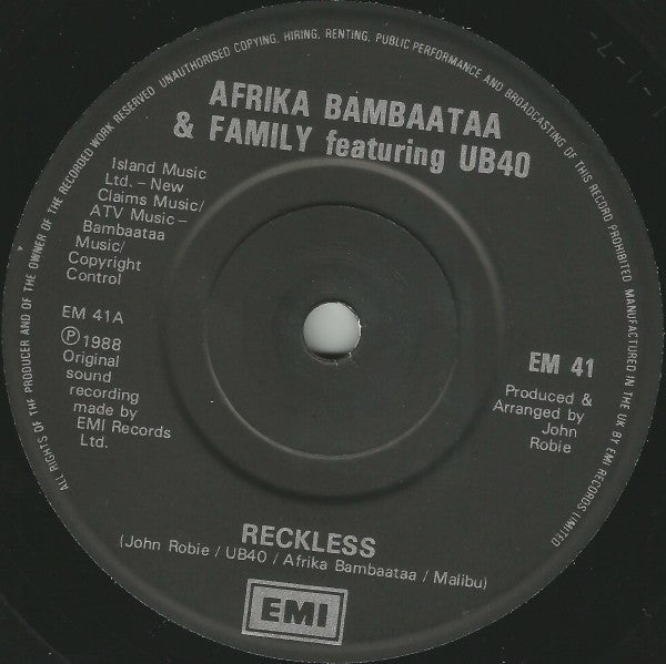 Afrika Bambaataa & Family Featuring UB40 : Reckless (7", Single, Pap)