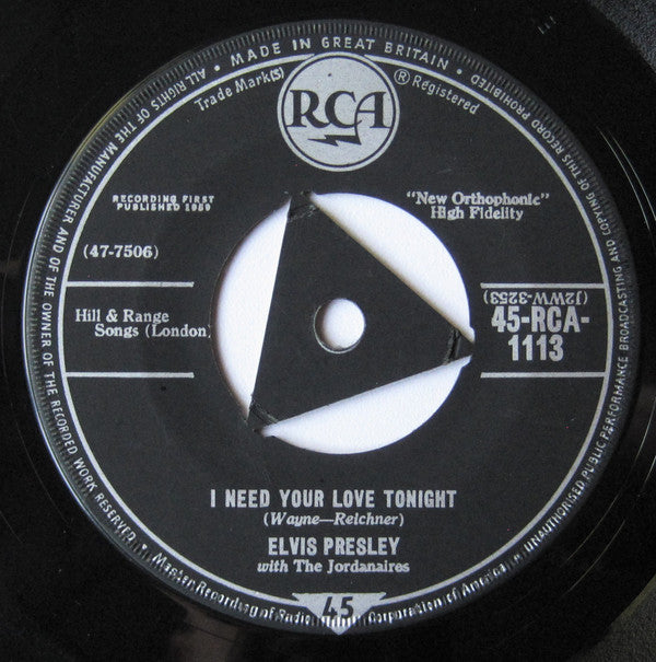 Elvis Presley With The Jordanaires : A Fool Such As I / I Need Your Love Tonight (7", Single, Tri)