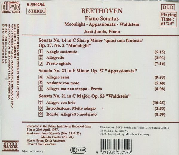 Beethoven* / Jenö Jandó : Beethoven: Piano Sonatas Nos. 14, 21 And 23 (CD, Album)