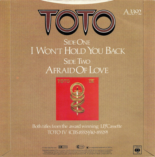 Toto : I Won't Hold You Back (7", Single, Ora)