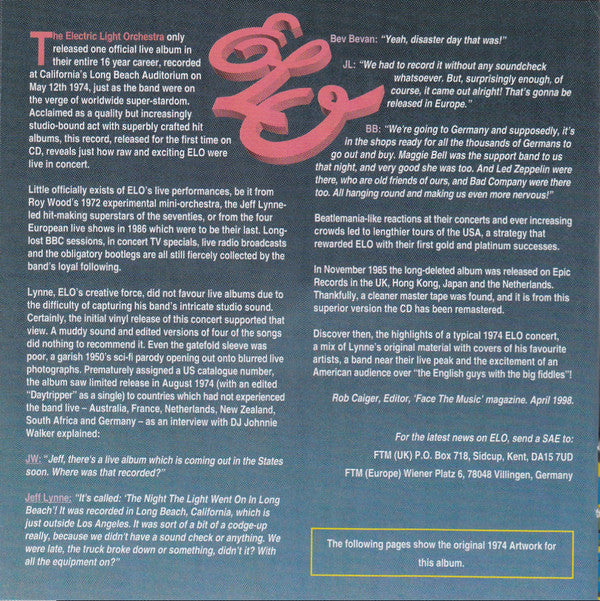 Electric Light Orchestra : The Night The Light Went On (In Long Beach) (CD, Album, RE, RM, RP)