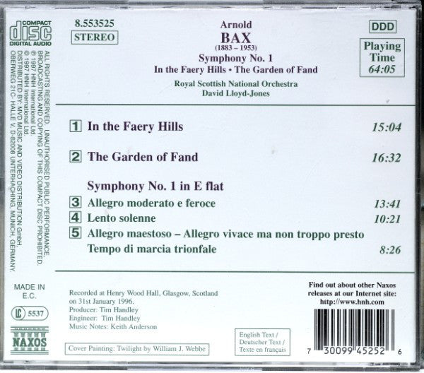 Arnold Bax, Royal Scottish National Orchestra, David Lloyd-Jones : Symphony No. 1 • In The Faery Hills • The Garden Of Fand (CD)