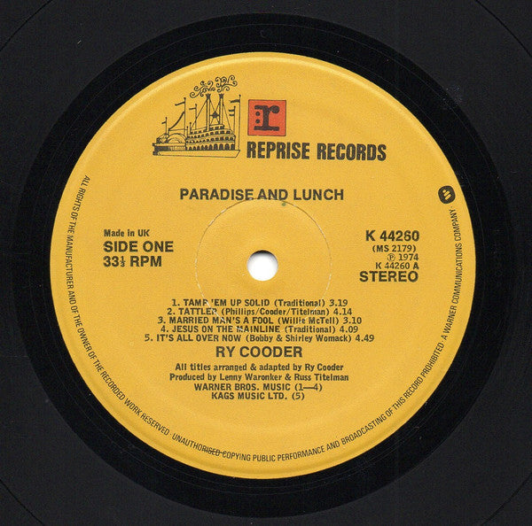 Ry Cooder : Paradise And Lunch (LP, Album, RE)