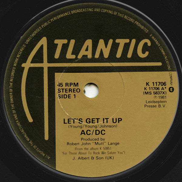 AC/DC : Let's Get It Up / Back In Black (Recorded Live Dec 1981) (7", Single)