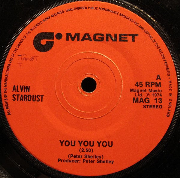 Alvin Stardust : You You You (7", Single, Sol)