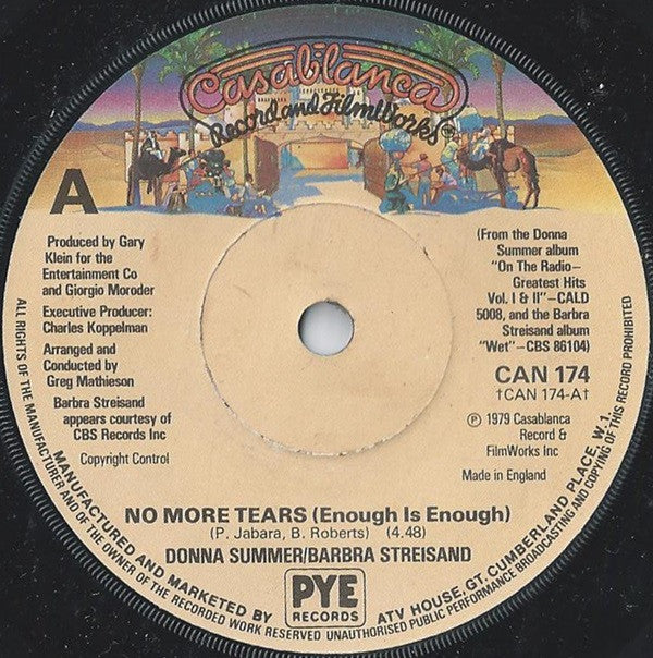 Donna Summer / Barbra Streisand : No More Tears (Enough Is Enough) / My Baby Understands (7", Single, Sol)