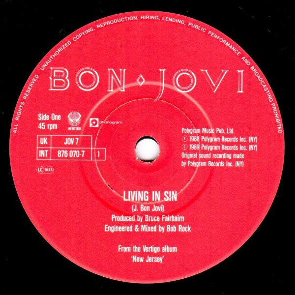 Bon Jovi : Living In Sin (7", Single, Pap)