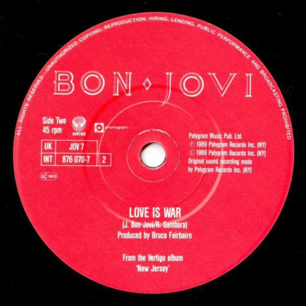 Bon Jovi : Living In Sin (7", Single, Pap)