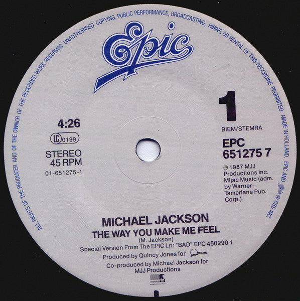 Michael Jackson : The Way You Make Me Feel (7", Single, Sma)