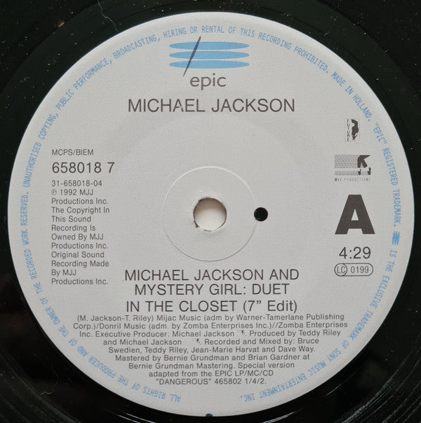 Michael Jackson : In The Closet (7", Single, Pos)