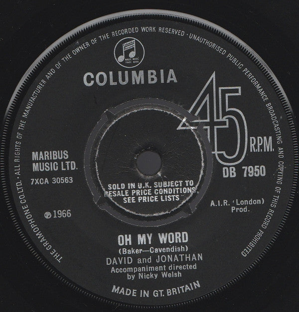 David & Jonathan : Lovers Of The World Unite (7")