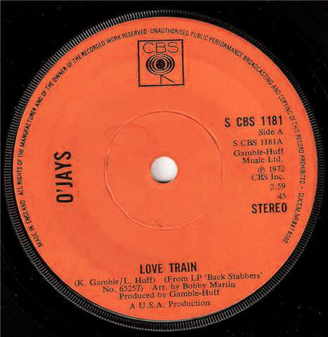 The O'Jays : Love Train (7", Single, Sol)