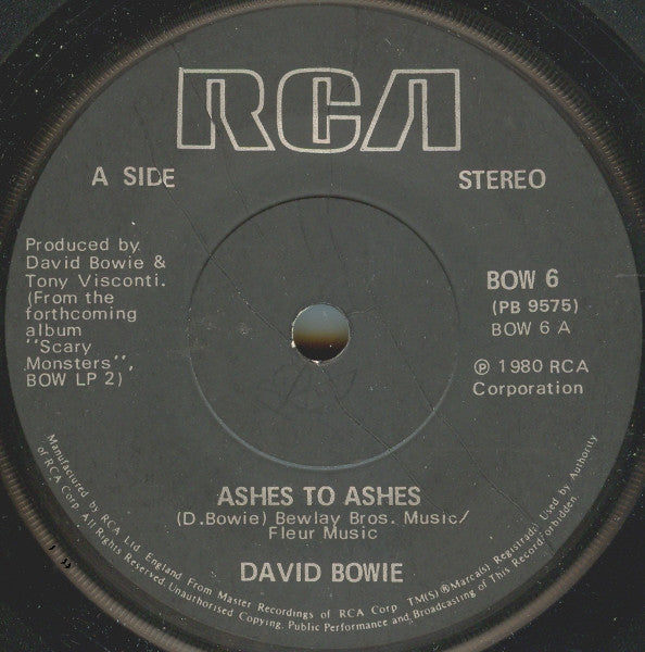 David Bowie : Ashes To Ashes (7", Single, Sol)