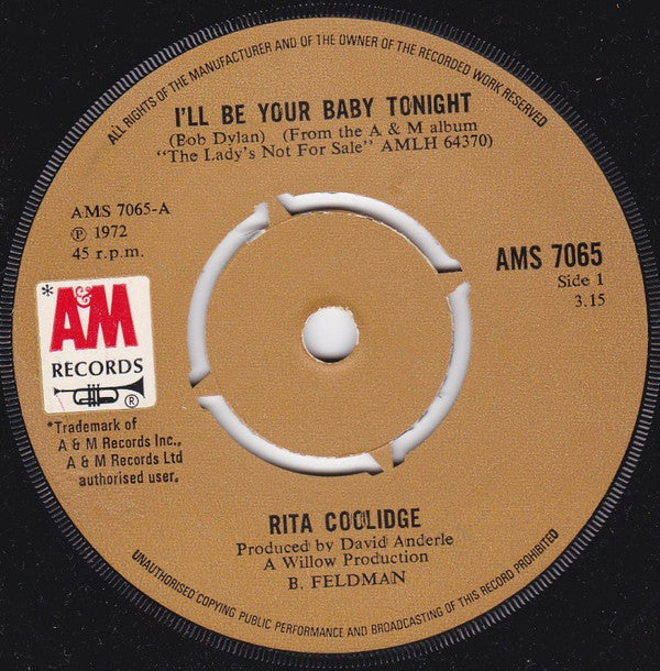 Rita Coolidge : I'll Be Your Baby Tonight (7", Single)