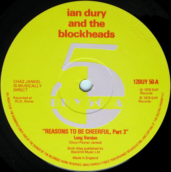 Ian Dury And The Blockheads : Reasons To Be Cheerful (Part Three) (12", Single)