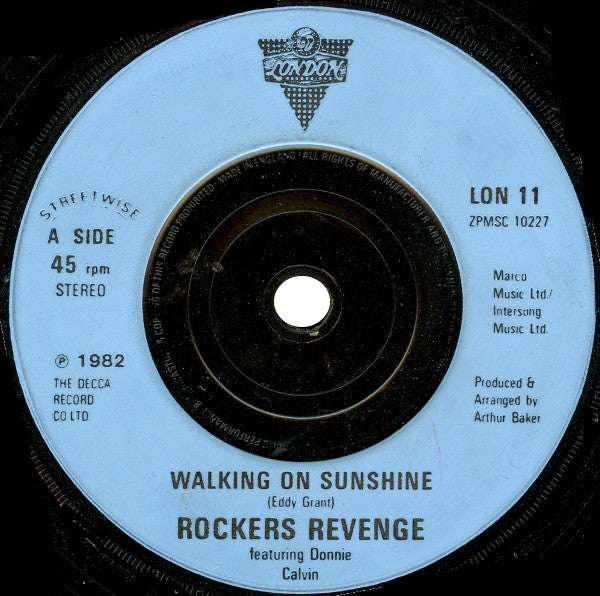 Rockers Revenge Featuring Donnie Calvin : Walking On Sunshine (7", Single, Blu)