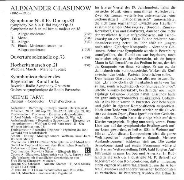 Alexander Glazunov / Symphonie-Orchester Des Bayerischen Rundfunks • Neeme Järvi : Symphonie Nr. 8 • Ouverture Solennelle • Hochzeitsmarsch (CD, Album, Jap)