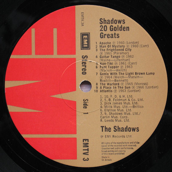 The Shadows : 20 Golden Greats (LP, Album, Comp, RM, Bro)