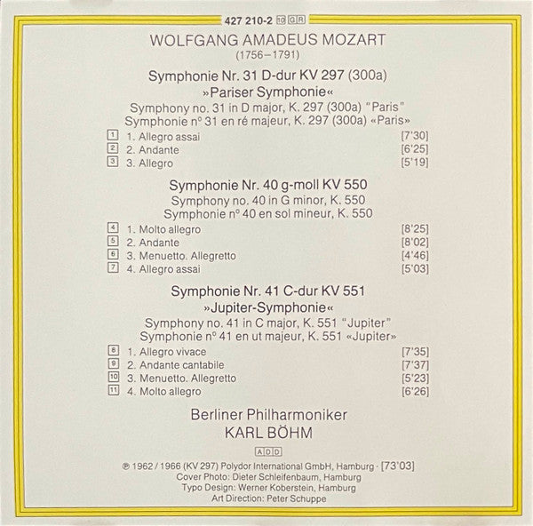 Wolfgang Amadeus Mozart / Berliner Philharmoniker, Karl Böhm : Symphonien Nr. 31 »Pariser« • Nr. 40 • Nr. 41  »Jupiter« (CD, Comp, RE)