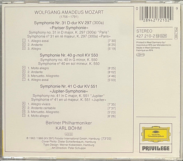 Wolfgang Amadeus Mozart / Berliner Philharmoniker, Karl Böhm : Symphonien Nr. 31 »Pariser« • Nr. 40 • Nr. 41  »Jupiter« (CD, Comp, RE)