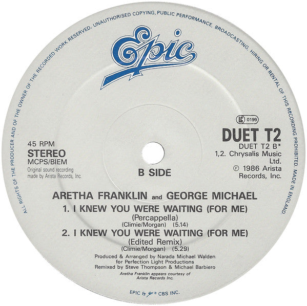 Aretha Franklin & George Michael : I Knew You Were Waiting (For Me) (12")