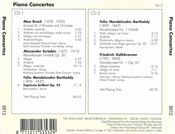 Max Bruch, Felix Mendelssohn-Bartholdy, Alexander Scriabin, Friedrich Kalkbrenner : Piano Concertos (2xCD, Comp)