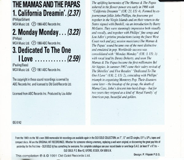 The Mamas & The Papas : California Dreamin' / Monday, Monday / Dedicated To The One I Love (CD, Single)