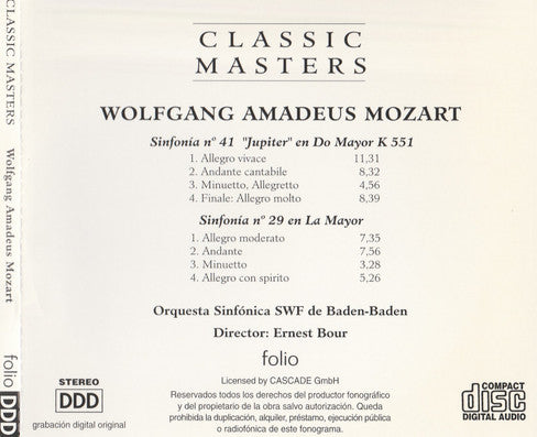 Wolfgang Amadeus Mozart : Sinfonia N° 41 "Jupiter", Sinfonia N° 29 En La Mayor (CD, RE)