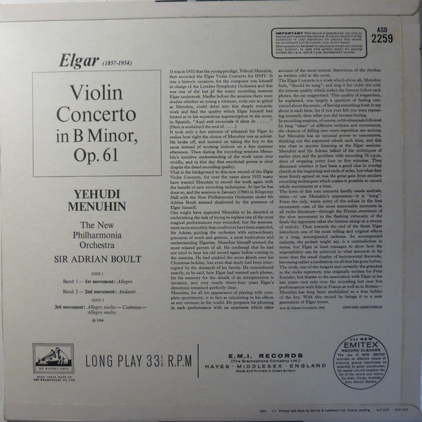 Yehudi Menuhin, Sir Adrian Boult - Sir Edward Elgar : Violin Concerto In B Minor, Op. 61 (LP)