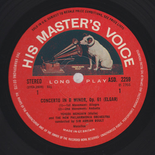 Yehudi Menuhin, Sir Adrian Boult - Sir Edward Elgar : Violin Concerto In B Minor, Op. 61 (LP)
