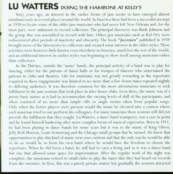 Lu Watters & His Yerba Buena Jazz Band* : Doing The Hambone At Kelly's (CD, Album, Mono)