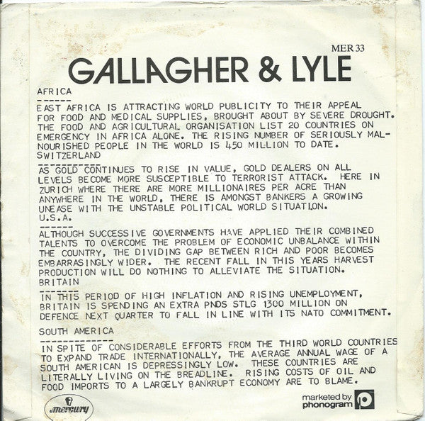 Gallagher & Lyle : Living On The Breadline (7")