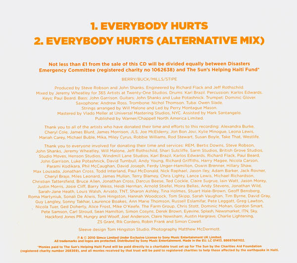 Helping Haiti : Everybody Hurts (CD, Single, Son)