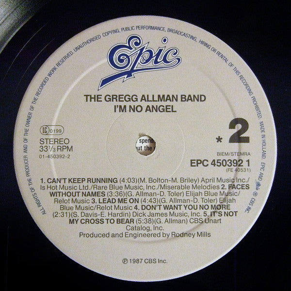 The Gregg Allman Band : I'm No Angel (LP, Album)