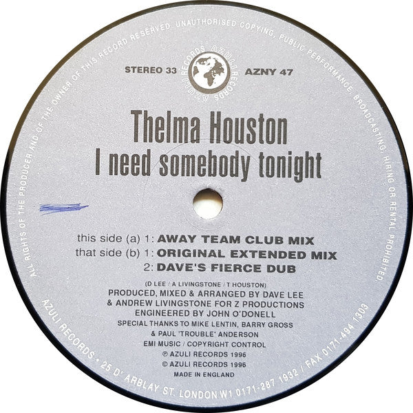 Thelma Houston : I Need Somebody Tonight (Original Mixes) (12")