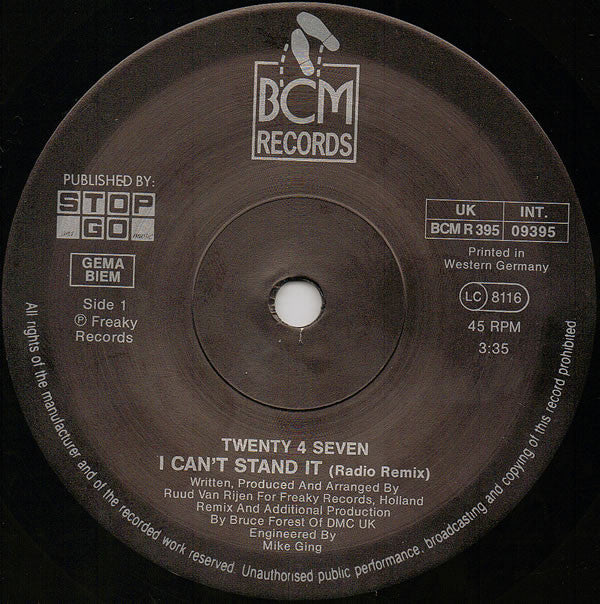 Twenty 4 Seven Featuring Captain Hollywood : I Can't Stand It! (Bruce Forest Remix) (7", Single, Sol)