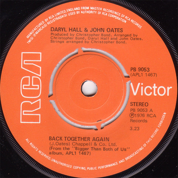 Daryl Hall & John Oates : Back Together Again (7", Single)