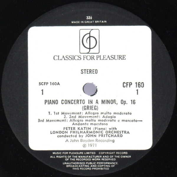 Edvard Grieg - Peter Katin, London Philharmonic Orchestra, John Pritchard : Piano Concerto In A Minor • Peer Gynt Suite (LP, Album)