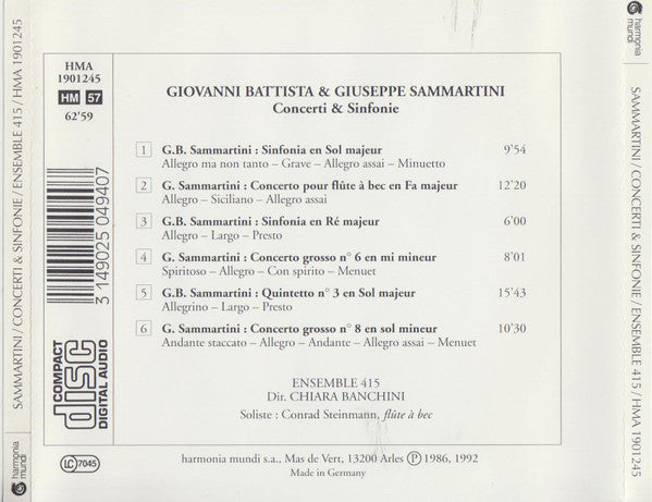 Giovanni Sammartini & Giuseppe Sammartini - Ensemble 415, Chiara Banchini : Concerti & Sinfonie (CD, Album, RE)