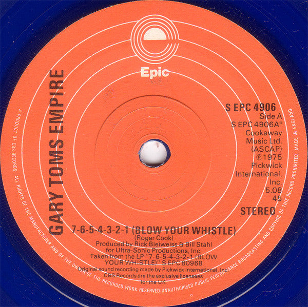 Gary Toms Empire : 7-6-5-4-3-2-1- (Blow Your Whistle) / Drive My Car (7", Single, RE, Blu)