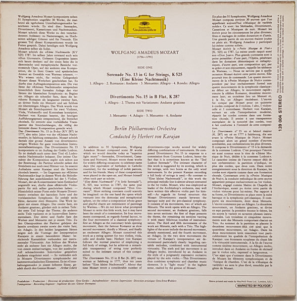 Mozart*, Berlin Philharmonic Orchestra* · Conducted By Herbert von Karajan : Serenade No. 13 In G For Strings , K525 (Eine Kleine Nachtmusik); Divertimento No. 15 In B Flat, K 287 (LP)