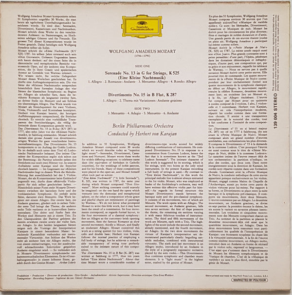 Wolfgang Amadeus Mozart, Berliner Philharmoniker · Conducted By Herbert von Karajan : Serenade No. 13 In G For Strings , K525 (Eine Kleine Nachtmusik); Divertimento No. 15 In B Flat, K 287 (LP)